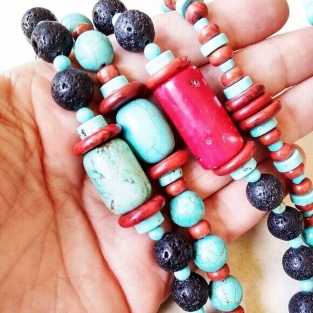 Uniquely Handmade! Red + Turquoise Howlite + Black Lava Rock Bracelet! 6.5-7" - Picture 9 of 9